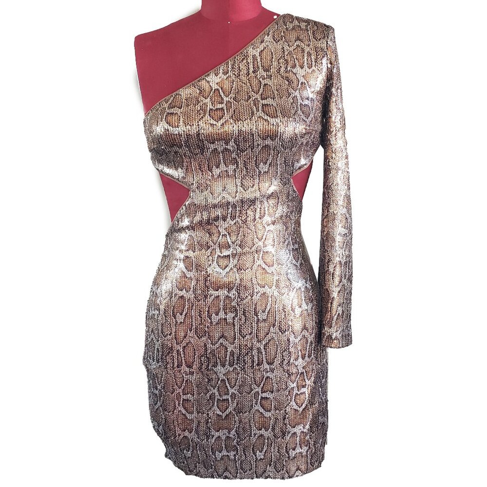 Poster Girl Mini Brown Snake Sequin One Shoulder Cutout Waist Slit Small